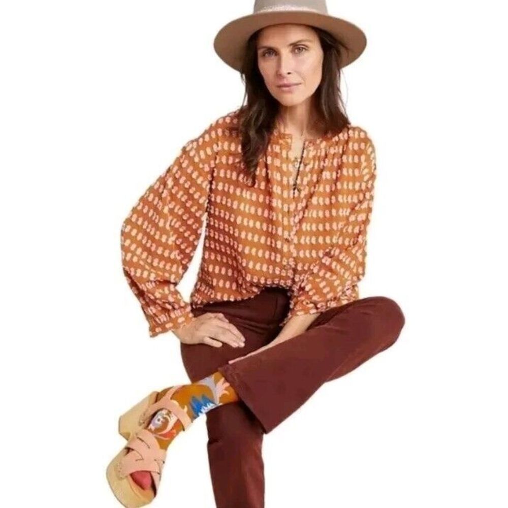 Anthropologie Rust Orange Dot-Print Peasant Top